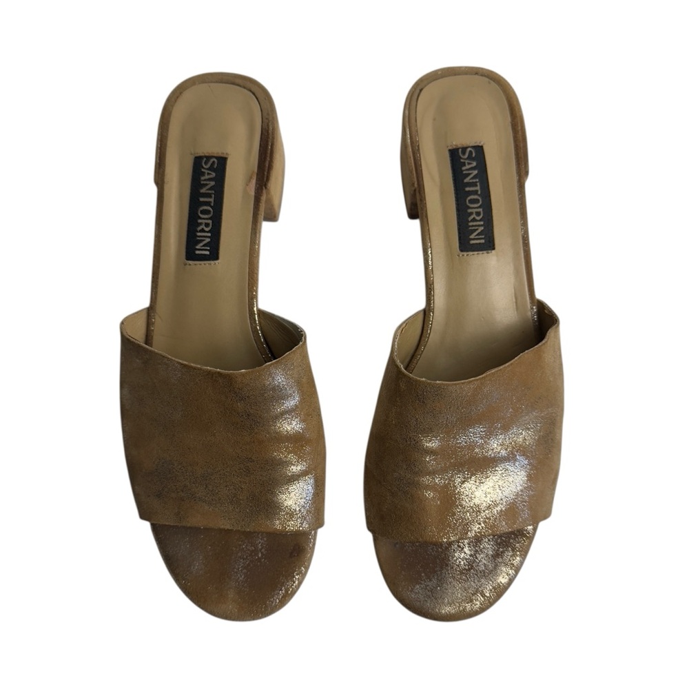 Santorini Gold Metallic Leather Block Heel Slide Sandals Size 7.5M